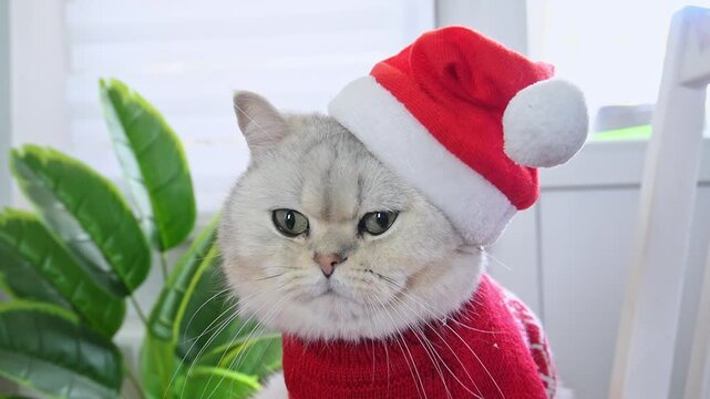 Grumpy cat in christmas hat and sweater with indoor plant background