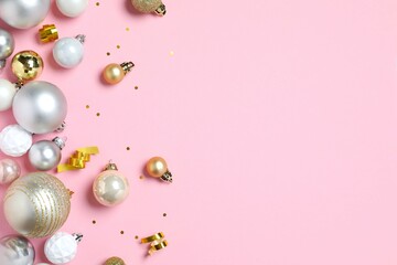 Festive Christmas background with various decorations, top wiew