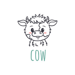 Cute cartoon cow isolated on white. Funny cow cub in doodle style. Cow face for cards, magazins, banners, coloring page. Vector Illustration.
