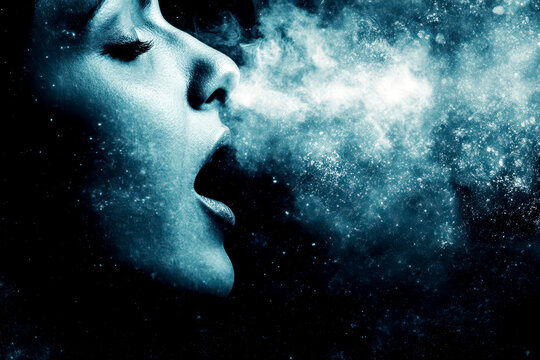 Celebration of world voice day featuring expressive sound and creative art concept. Horizontal banner. Copy space. Head of woman with closed eyes on a grey smoky background - Powered by Adobe