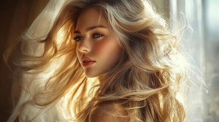 Fototapeta premium Ethereal Portrait of a Young Woman with Flowing Hair in Soft Light
