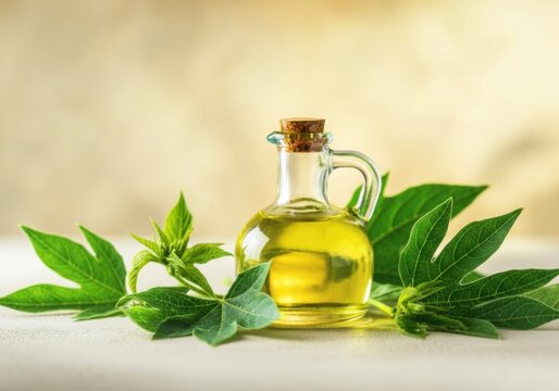 A beautiful, brightly lit still life of a glass bottle filled with ricin oil.