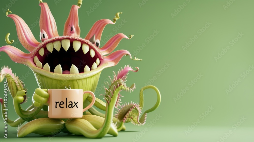 Poster a comically exaggerated flower monster holds a coffee mug with the word relax. its lively expression