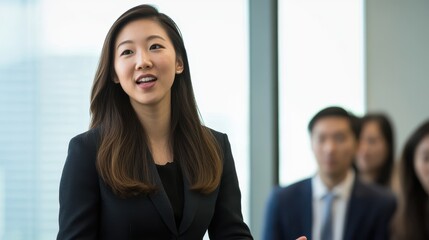 A woman in a business suit is standing in front of a group of people. Generative AI