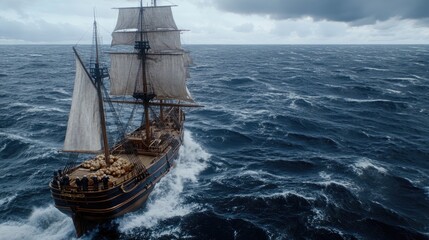 Obraz premium Crew members on an old wooden ship struggle to manage food supplies while navigating treacherous seas under dark stormy skies
