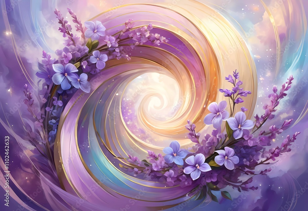 Poster vibrant swirl patterns feature lilac flowers intertwined with soft colors, creating a whimsical atmo