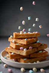 photo Delicious Stack of Golden Crispy Waffles Topped with Colorful Sweet Marshmallows for a Perfect Tasty Indulgent Breakfast or Dessert Treat for Any Sweet Tooth Enthusiast