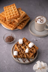 photo Indulge in Delicious Homemade Waffles Topped with Melted Chocolate and Marshmallows, Perfectly Paired with Rich Creamy Cappuccino for a Sweet Breakfast or Brunch Experience