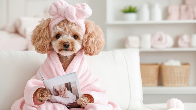 Adorable baby red poodle enjoying spa day in pink robe while reading dog magazine on white sofa in serene setting