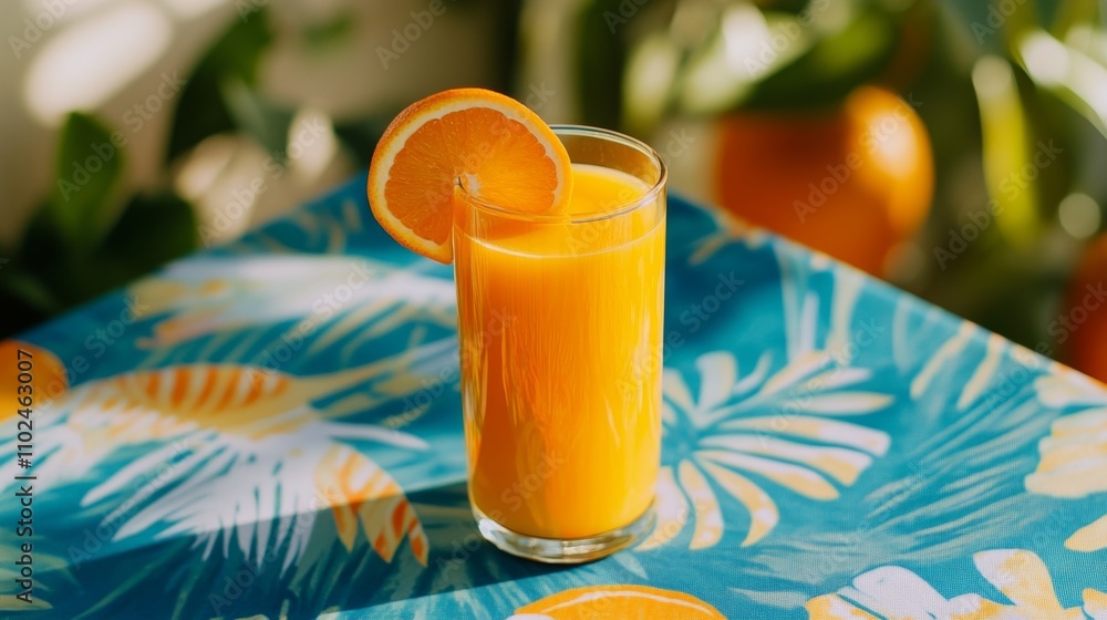 Poster refreshing orange juice in glass with slice on tropical table