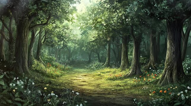 Magical glowing lush forest with sunlight filtering through dense green foliage
Seamless looping 4k time-lapse virtual video animation Generated AI