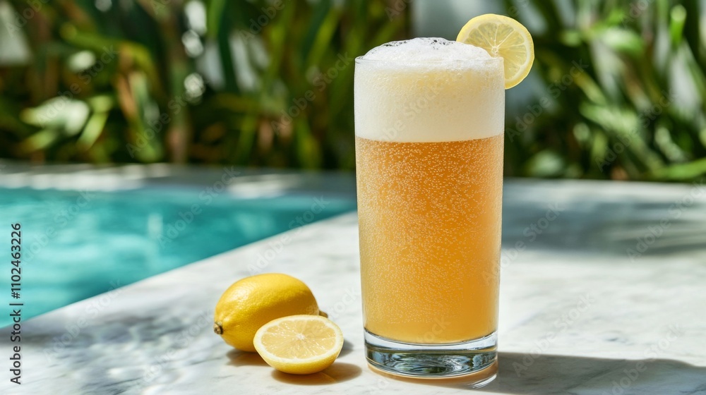 Aufkleber Refreshing Lemon Beer Glass by Poolside with Lemon Slice Garnish