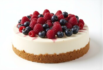 A cake with berries on top of it and a white background