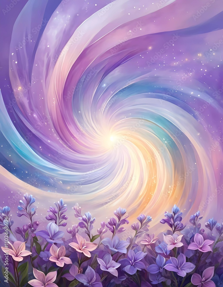 Poster vibrant swirl patterns feature lilac flowers intertwined with soft colors, creating a whimsical atmo