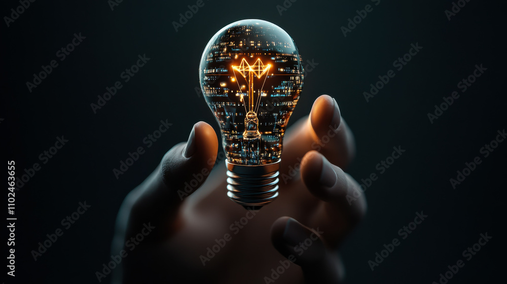 Poster a person holds a glowing light bulb containing a digital circuit inside against a dark background in