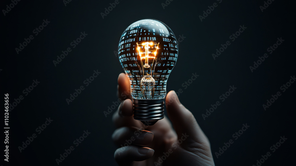 Poster a person holds a glowing light bulb containing a digital circuit inside against a dark background in