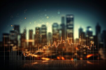 Fototapeta premium Dynamic stock market data overlays a modern urban skyline, representing economic growth and financial trends
