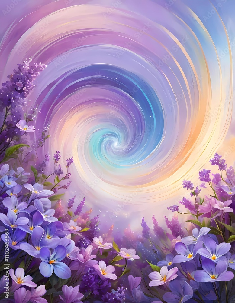 Poster vibrant swirl patterns feature lilac flowers intertwined with soft colors, creating a whimsical atmo