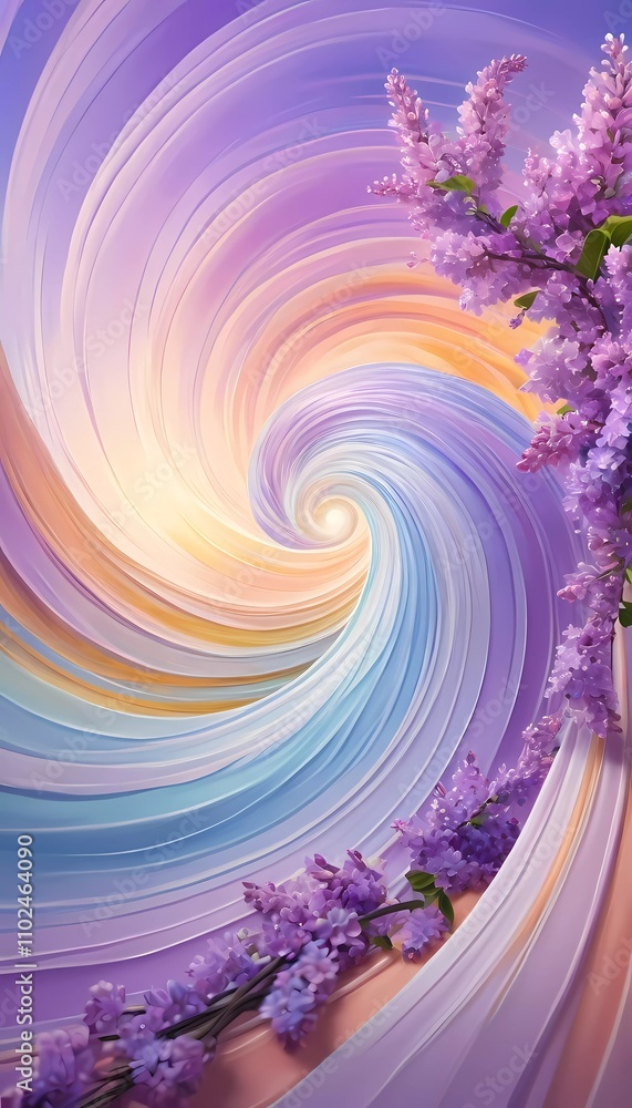 Poster vibrant swirl patterns feature lilac flowers intertwined with soft colors, creating a whimsical atmo