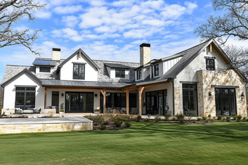 Fototapeta premium A large, white and black farmhouse with stone accents on the front wall, a steel roof, black windows, an open-concept living room that opens to the backyard, and a large covered porch on one side.