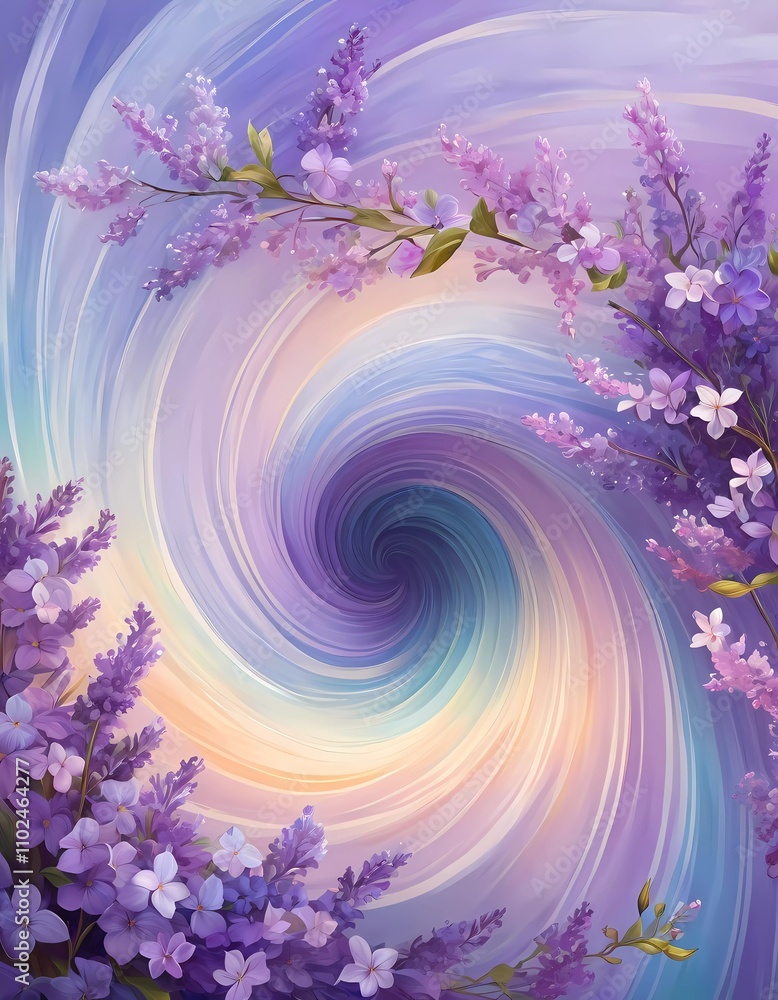 Poster vibrant swirl patterns feature lilac flowers intertwined with soft colors, creating a whimsical atmo