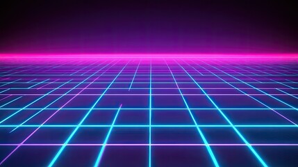 Retro futuristic grid landscape with glowing neon lines.