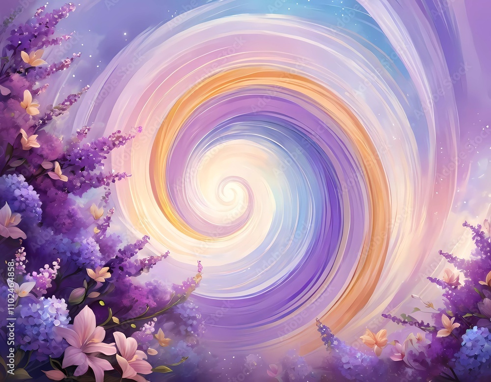 Poster vibrant swirl patterns feature lilac flowers intertwined with soft colors, creating a whimsical atmo