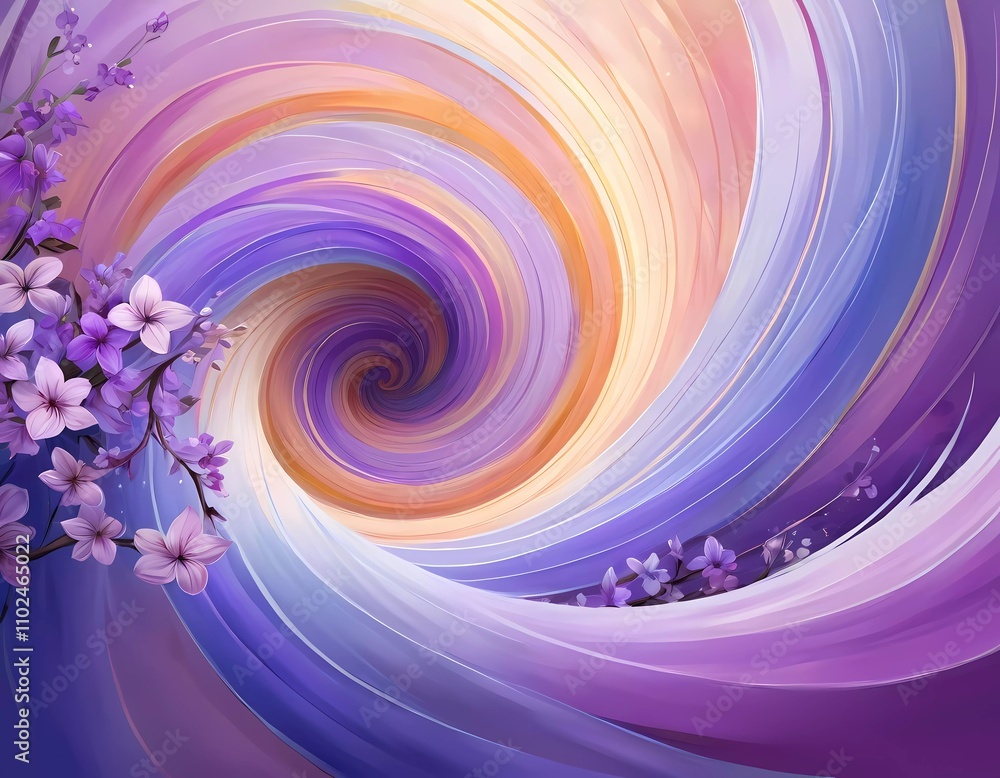 Poster vibrant swirl patterns feature lilac flowers intertwined with soft colors, creating a whimsical atmo