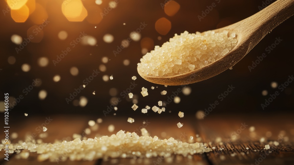Poster brown sugar crystals are falling from a wooden spoon onto a rustic wooden table, creating a visually