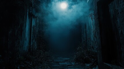 Mysterious Night City: Dark Street, Neon Lights, and Smoky Atmosphere