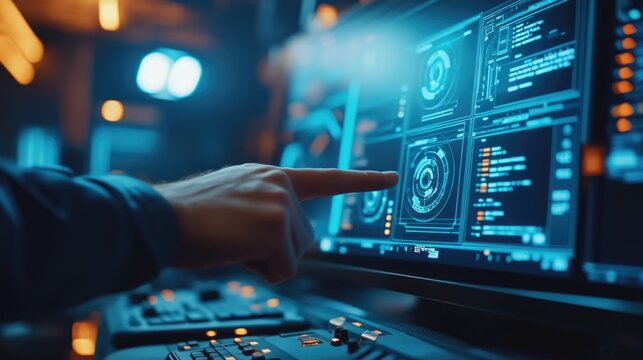 working hands of operator controller with data base of Scada system on computer screen.
