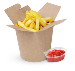 Paper box with tasty french fries and ketchup