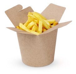 A box of french fries sits on a white background
