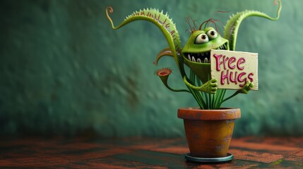 A playful and funny plant monster sits in a terracotta pot holding a Free Hugs sign. With a toothy smile and tentacle-like arms, this whimsical design brings humor and charm. AI generated.