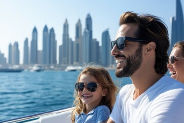 A joyful father and daughter experience a sunny boat ride together, reflecting a moment of familial bonding, happiness, and carefree fun against a vibrant city skyline backdrop.