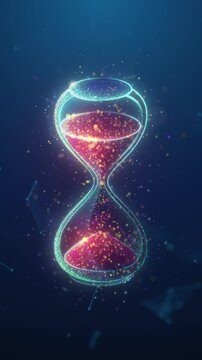 Abstract animated vertical wallpaper with sand falling inside antique hourglass made of glowing neon particles. Business time management concept. Sand glass watches looped motion graphic background