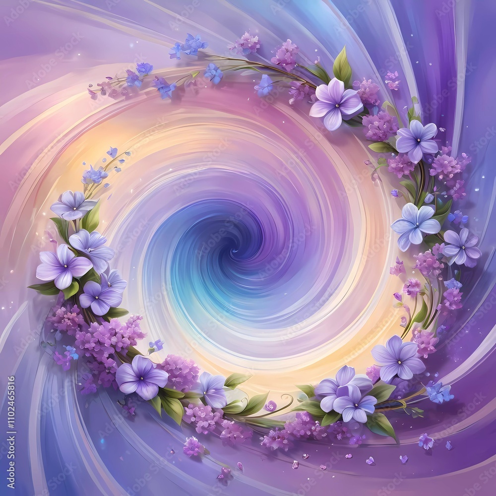 Poster vibrant swirl patterns feature lilac flowers intertwined with soft colors, creating a whimsical atmo