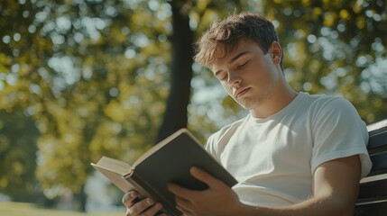 Fototapeta premium young man reading a book on a park bench, surrounded by greenery, soft afternoon sunlight filtering through the trees
