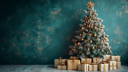 Christmas gifts under a festive Christmas tree decorated with golden baubles and pinecones, set against a turquoise background with glowing bokeh lights