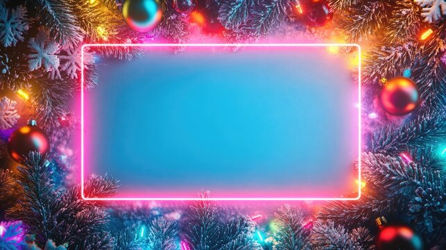 Colourful Christmas neon frame with snowflakes, baubles, garland and twigs on white background, copy space for text
