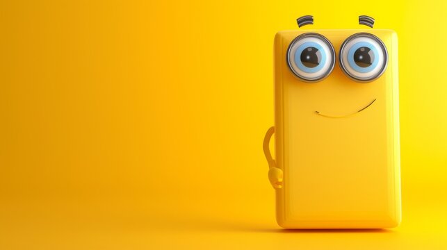 A cute yellow cartoon character with large, expressive eyes stands against a vibrant yellow background. The minimalist design gives it a cheerful, playful vibe. AI generated.