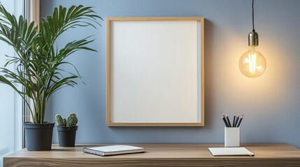Cozy Modern Workspace with Wooden Desk, Blank Frame, and Warm Lighting in Minimalist Home Office Setting