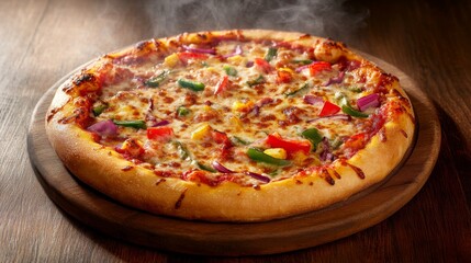 Hot and Fresh Pizza with Colorful Vegetables on Wooden Board