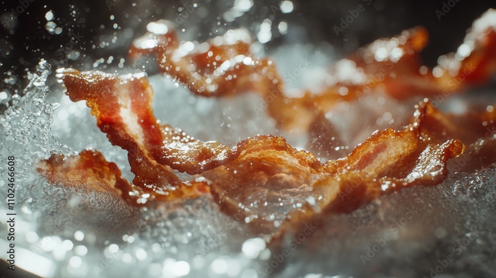 Poster Crispy Bacon Strips Frying in a Pan with Sizzling Texture