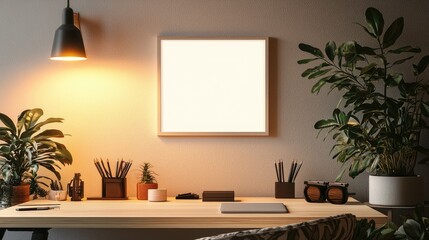 Cozy Home Office with Modern Decor and Indoor Plants Illuminated by Warm Lighting in a Minimalist Setting