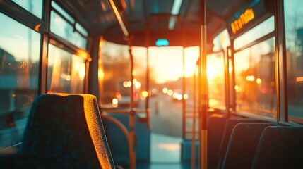 Fototapeta premium A bus is on the road with the sun shining through the windows