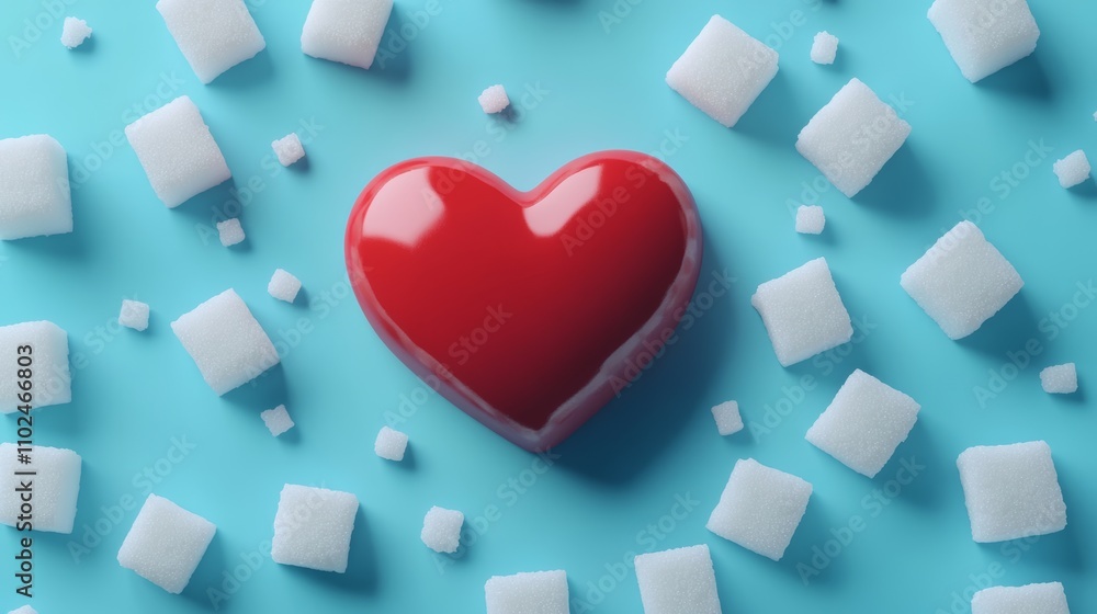 Poster red glossy heart is surrounded by white sugar cubes on a vibrant blue background, symbolizing the co