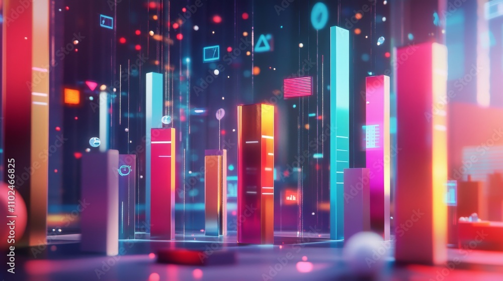 Poster colorful abstract data visualization with geometric shapes and bars