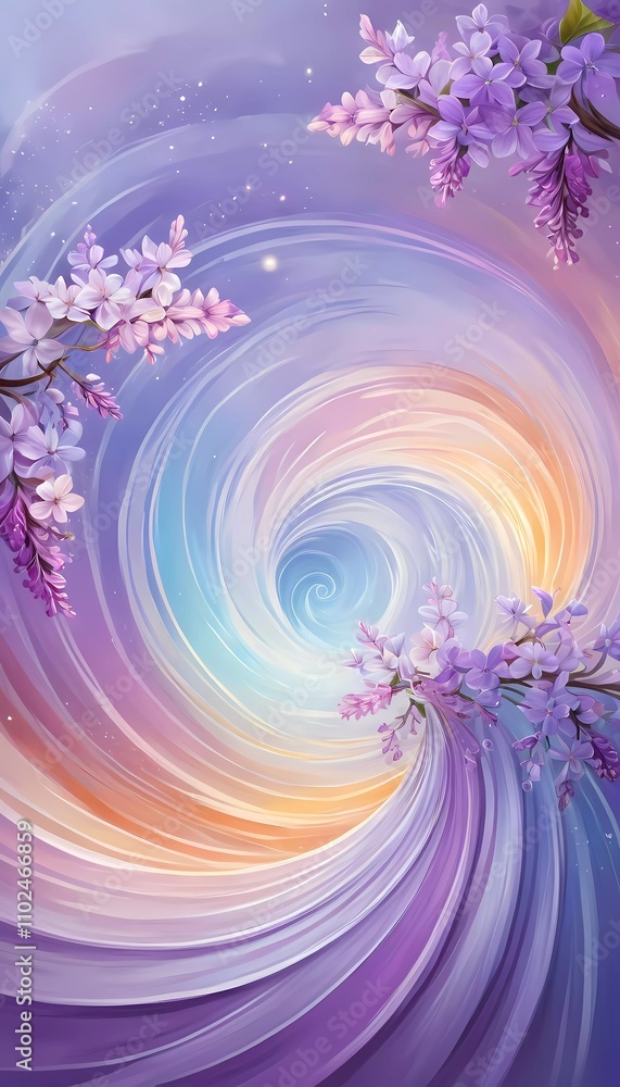 Poster vibrant swirl patterns feature lilac flowers intertwined with soft colors, creating a whimsical atmo