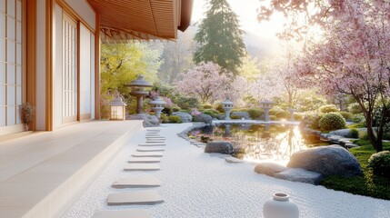 Serene Japanese zen garden at sunrise with raked gravel, stone lanterns, and a koi pond surrounded by cherry blossoms